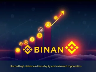 A visual representation of stablecoin liquidity reaching a record high, with Binance's dominant share highlighted by upward arrows and financial graphs.