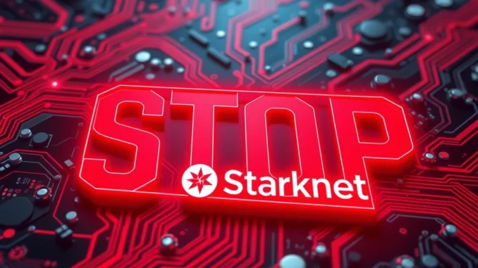Digital representation of a network halt, symbolizing Starknet's critical block production issues on the Ethereum Layer 2 network.