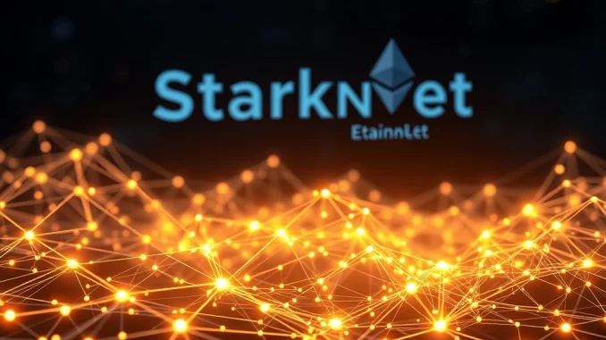 Starknet blockchain network flowing smoothly, symbolizing the successful resumption of block production and enhanced stability for the Ethereum Layer 2.
