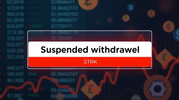 An Upbit interface screen showing a temporary suspension of Starknet withdrawals, highlighting the crucial STRK suspension.