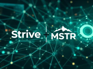 Visual representation of the Strive MSTR True North acquisition, showing two company logos merging, symbolizing growth in the Web3 media space.