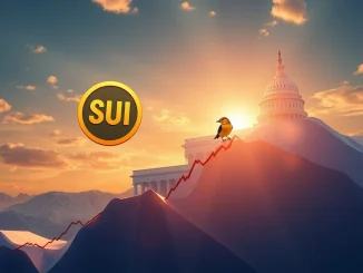 An upward trending chart with the SUI logo, symbolizing the SUI price surge, set against a backdrop of the SEC building, representing the ongoing SEC review of the SUI ETF.