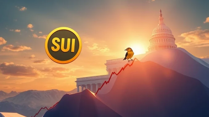 An upward trending chart with the SUI logo, symbolizing the SUI price surge, set against a backdrop of the SEC building, representing the ongoing SEC review of the SUI ETF.