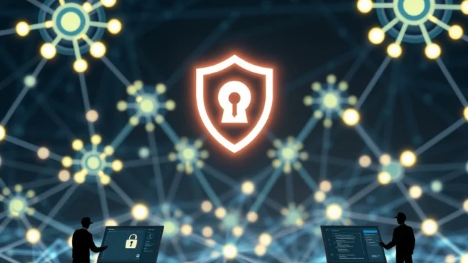 Digital shield protecting a blockchain network, symbolizing the Sui Foundation's commitment to enhanced blockchain security and developer protection.