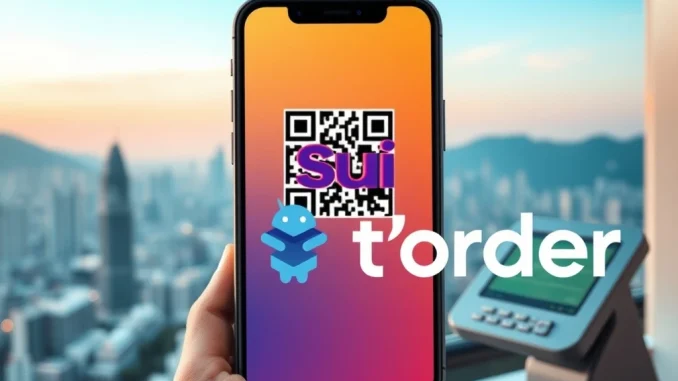 Sui KRW stablecoin payments: a smartphone showing a crypto transaction with t'order and Sui logos, signifying a new era of digital commerce in South Korea.