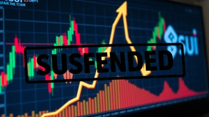 A digital chart showing a sharp spike in IKA token price, symbolizing Suilend's suspension of crypto lending services due to extreme volatility.