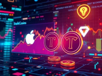 Digital representation of tokenized stocks for major companies like Apple and Tesla being traded on a decentralized finance platform.