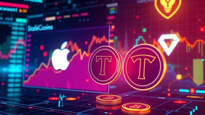 Digital representation of tokenized stocks for major companies like Apple and Tesla being traded on a decentralized finance platform.
