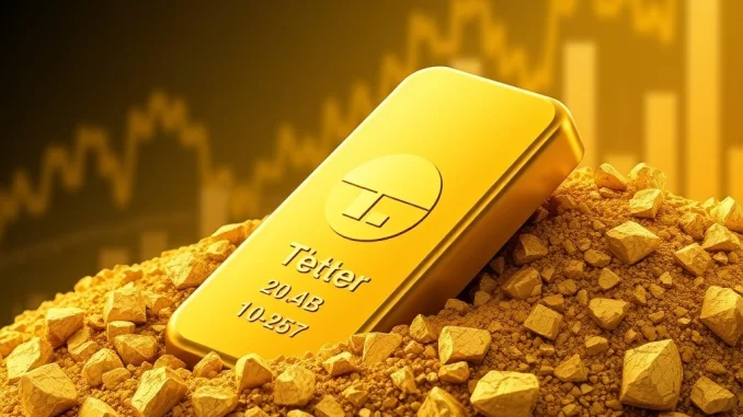 Visualizing Tether's bold gold investment strategy by showing a gold bar amidst mining elements and crypto trends.