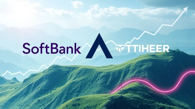 The logos of SoftBank, Ark Invest, and Tether converging, symbolizing a potential SoftBank investment and Ark Invest partnership in the stablecoin market.