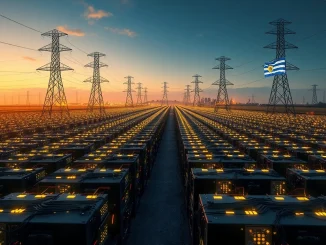 A large-scale Tether Uruguay crypto mining operation with servers and power infrastructure, symbolizing the company's investment.