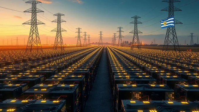 A large-scale Tether Uruguay crypto mining operation with servers and power infrastructure, symbolizing the company's investment.