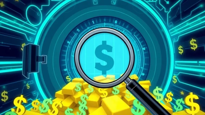 An abstract representation of Tether USDT stablecoin reserves, showing digital assets and traditional financial symbols under scrutiny, highlighting transparency efforts.