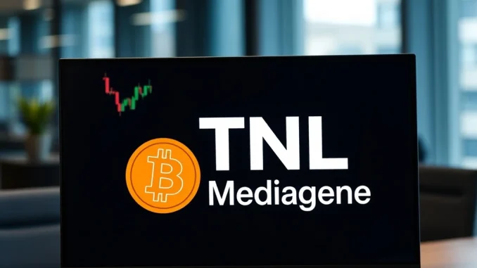 A visual representation of TNL Mediagene's bold **Nasdaq Bitcoin investment** strategy, showing a company logo alongside Bitcoin symbols.