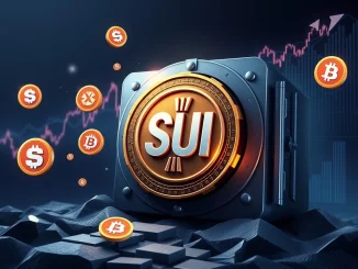 An illustration showing a SUI token being released, symbolizing the significant SUI token unlock and its potential effect on the broader cryptocurrency market.