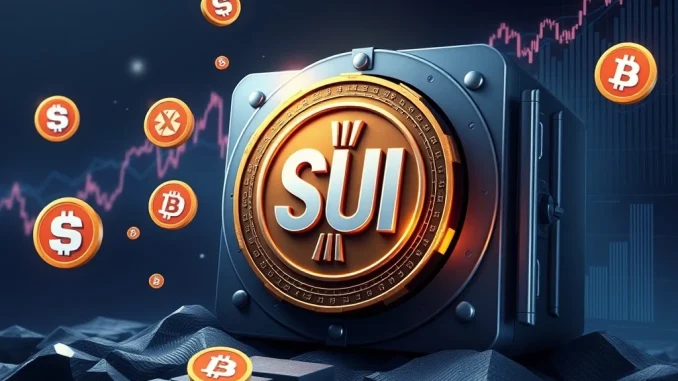 An illustration showing a SUI token being released, symbolizing the significant SUI token unlock and its potential effect on the broader cryptocurrency market.