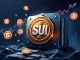 An illustration showing a SUI token being released, symbolizing the significant SUI token unlock and its potential effect on the broader cryptocurrency market.