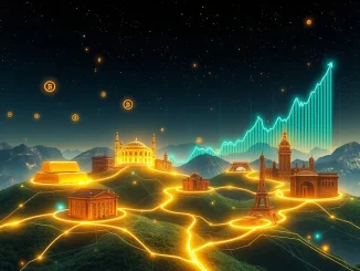 A digital representation of various tokenized assets like property deeds and gold bars connected by blockchain lines, symbolizing the dramatic increase in on-chain TVL to over $29 billion.