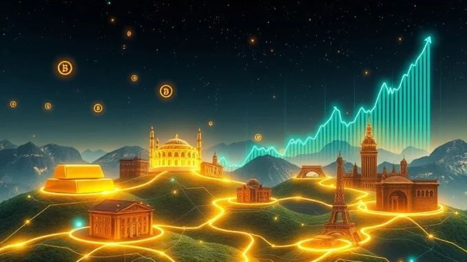 A digital representation of various tokenized assets like property deeds and gold bars connected by blockchain lines, symbolizing the dramatic increase in on-chain TVL to over $29 billion.