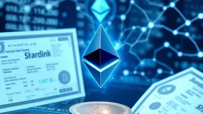 Digital representation of **tokenized SBET** shares on the Ethereum blockchain, symbolizing the partnership between Sharplink and Superstate for on-chain finance.
