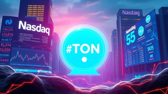 **TON Coin** Soars: **AlphaTON Capital** Unveils Massive $30M Investment A digital representation of the **TON Coin** logo alongside the Nasdaq stock market ticker, symbolizing AlphaTON Capital's significant crypto investment.
