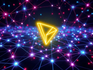 Visualizing the exponential growth of Tron accounts, showing interconnected nodes and data streams representing the network's 330 million user milestone.