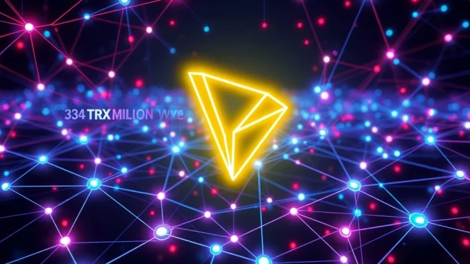 Visualizing the exponential growth of Tron accounts, showing interconnected nodes and data streams representing the network's 330 million user milestone.