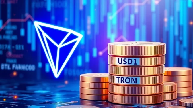 Tron DAO's first 10 million USD1 stablecoin minting event, symbolizing a major step in digital currency development.