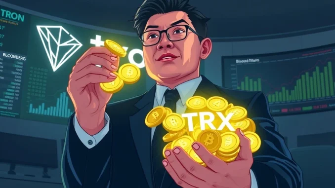 An illustration depicting Justin Sun's significant control over Tron's TRX supply, highlighting crypto centralization concerns reported by Bloomberg.