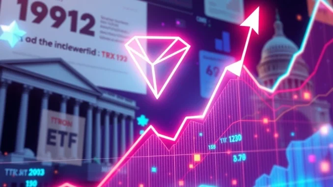 Tron (TRX) cryptocurrency chart soaring, representing its yearly high driven by Crypto ETFs and positive US legislation.