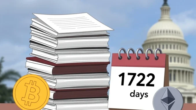 An official report labeled 'US Government Crypto Audit' is stalled on a desk, symbolizing the 172-day delay in reviewing federal crypto reserves.