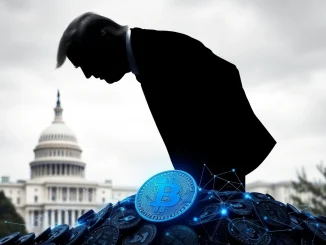 An illustration depicting the potential Trump crypto conflict, with a political figure's silhouette looming over digital assets, symbolizing the political influence on crypto legislation.