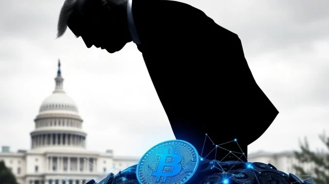 An illustration depicting the potential Trump crypto conflict, with a political figure's silhouette looming over digital assets, symbolizing the political influence on crypto legislation.