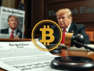 A legal document and gavel symbolize the **Donald Trump lawsuit** against The New York Times concerning memecoin reporting.