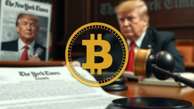 A legal document and gavel symbolize the **Donald Trump lawsuit** against The New York Times concerning memecoin reporting.