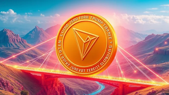 TRUMP Memecoin Revolutionizes Cross-Chain Access on TRON with LayerZero TRUMP memecoin token bridging between TRON and another blockchain, symbolizing its cross-chain expansion and significant market impact.