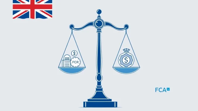A visual representation of the UK FCA's new crypto regulation framework, balancing eased rules with stricter controls for UK crypto firms.