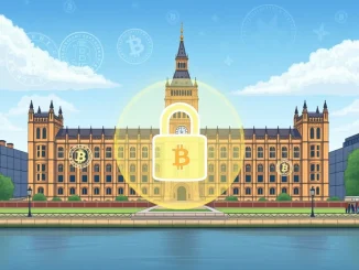 The UK Parliament building overlaid with digital currency symbols and a lock, symbolizing new UK crypto regulations for enhanced security.