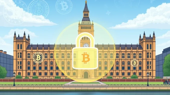 The UK Parliament building overlaid with digital currency symbols and a lock, symbolizing new UK crypto regulations for enhanced security.