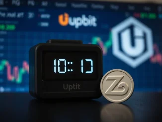 Upbit 0G listing delay announcement on a digital screen, showing the rescheduled trading time for ZeroG (0G) token.
