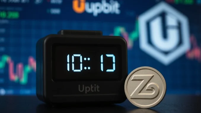 Upbit and Bithumb logos with a clock indicating a 30-minute delay for the 0G crypto listing, impacting traders.
