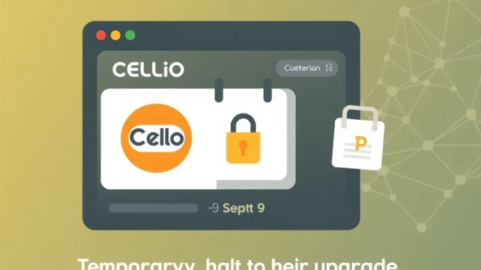 Upbit CELO suspension announcement for Celo network upgrade, showing a digital interface with a temporary halt symbol.