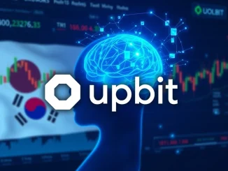 Upbit exchange logo alongside a holographic AI brain, representing the HoloworldAI (HOLO) listing and its impact on AI crypto.