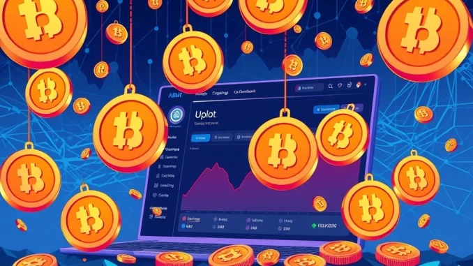 Upbit airdrop of HOLO tokens, showing a digital representation of the Holochain logo and a crypto exchange interface, symbolizing the generous distribution.