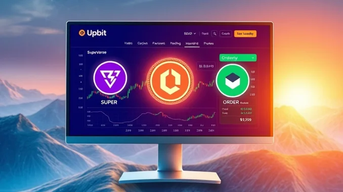 Upbit crypto exchange platform displaying new trading pairs for SuperVerse (SUPER) and Orderly Network (ORDER) tokens, highlighting new listing opportunities.