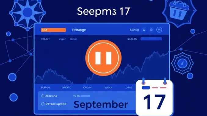 Upbit exchange screen showing a temporary suspension notice for Mantra OM deposits and withdrawals during a network upgrade.