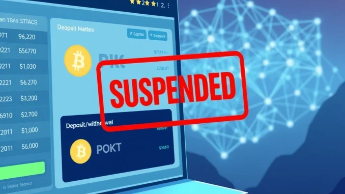 Upbit crypto exchange interface showing a temporary POKT deposit and withdrawal suspension due to a Pocket Network halt.