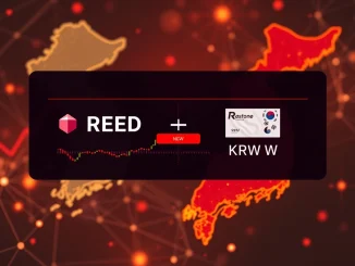 A digital screen displaying the Upbit Redstone listing announcement, highlighting new KRW trading options for the RED token.