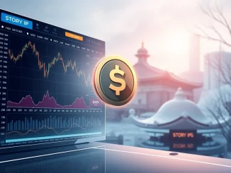 A visual representation of Upbit's **Story IP circulation** plan update, showing data flow and token distribution on a digital interface.