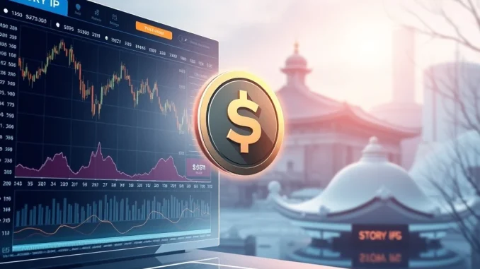 A visual representation of Upbit's **Story IP circulation** plan update, showing data flow and token distribution on a digital interface.